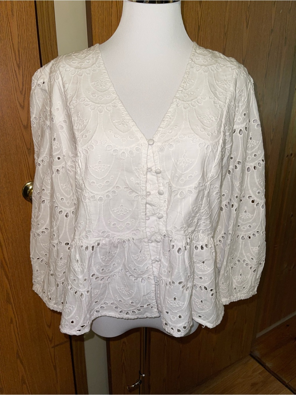 French Connection White Eyelet Button-Down Peplum Blouse